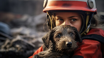 Heroic Firefighter Battling Blazing Inferno to Save Lives and Rescuing Precious Animals Amidst the Soothing Rain, A Captivating and Dramatic Image of Courage and Compassion - obrazy, fototapety, plakaty