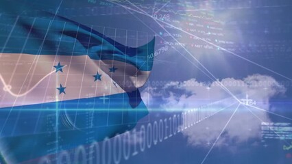 Animation of stock market data processing over waving honduras flag against clouds in the blue sky - Powered by Adobe