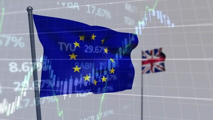 Animation of financial data processing over waving uk and eu flag against grey background - Powered by Adobe