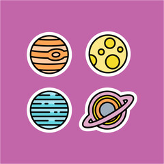 A set of four stickers with colorful planets and stars. Ideal for children's educational materials, science-themed designs, space-themed decor, and educational resources.