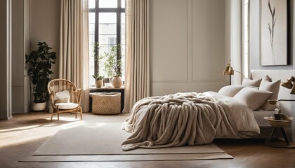 Obraz premium Warm bedroom with midwinter window view - cozy, snowy landscape