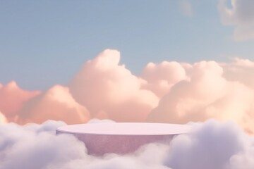 Stone podium tabletop floor in outdoor on sky pink gold pastel soft cloud blurred background.Beauty...