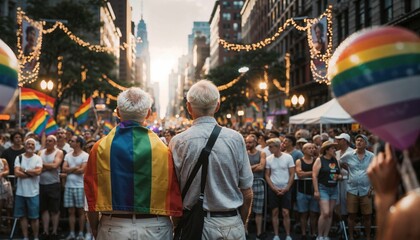 Elderly male couple with grey hair at LGBTQ protest - wrapped in a pride flag