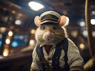 Un raton vestido de capitan marino de un  barco - obrazy, fototapety, plakaty