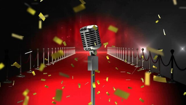 Animation of stage microphone and confetti over red carpet on black background