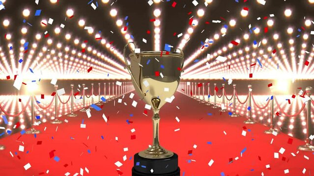Animation of golden cup and falling confetti over red carpet on black background