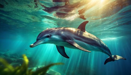 Delfines nadando en aguas tropicales. Imagenes bajo el agua - obrazy, fototapety, plakaty