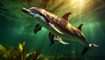 Delfines nadando en aguas tropicales. Imagenes bajo el agua