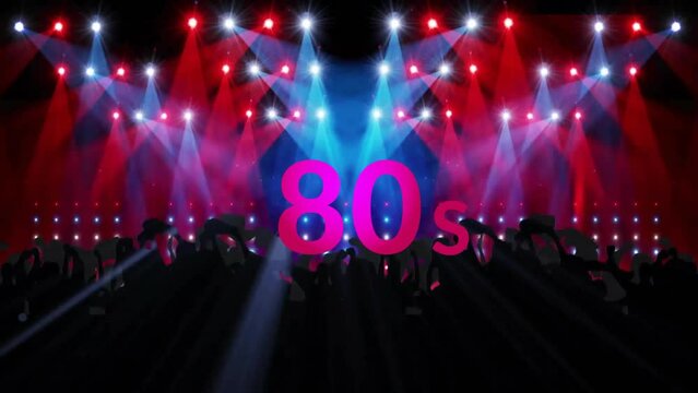Animation of 80s text over silhouettes of dancing people and flashing lights on black background