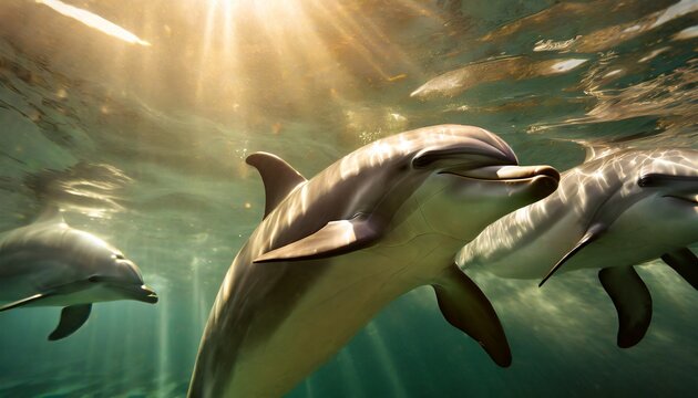 Delfines nadando en aguas tropicales. Imagenes bajo el agua
