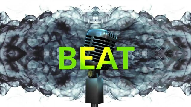 Animation of beat text over stage microphone and smoke on white background