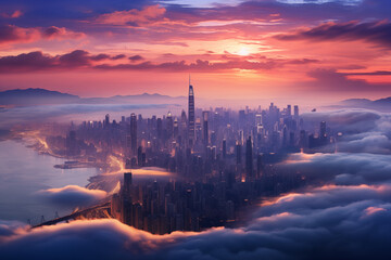 Naklejka premium A long distance photography about sea of clouds with Modern city skyscrapers,bird-eye view, blue hours ...