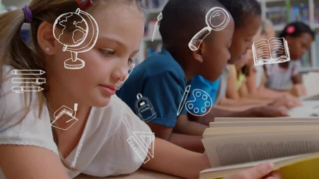 Animation of education school icons over diverse school children in classroom