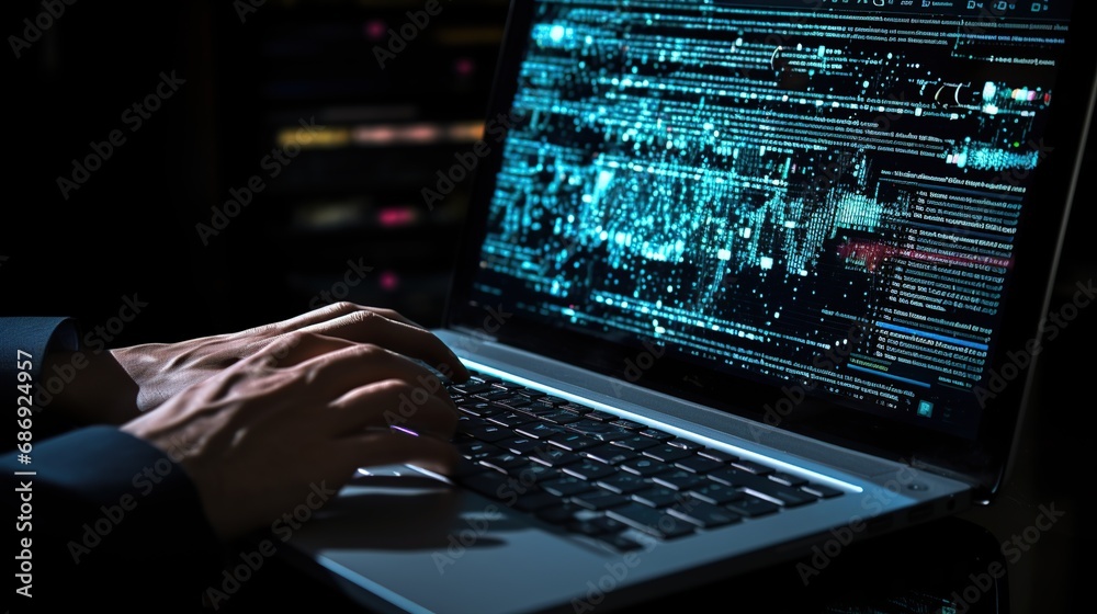 Poster digital data and network connection on laptop screen - data analysis and protection concept
