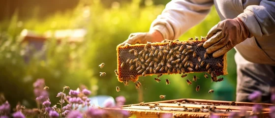 Fotobehang  beekeeper inspecting a beehive frame filled with honey and bees in a tranquil garden during spring, with the focus on the frame and the blurred garden  © Daunhijauxx