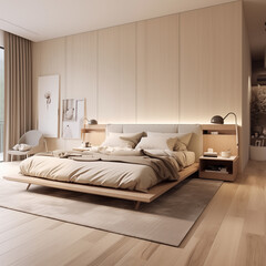 Interior of modern bedroom with beige walls, wooden floor, comfortable king size bed and coffee table. 3d rendering