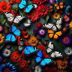 varies color butterfly and flowers background 