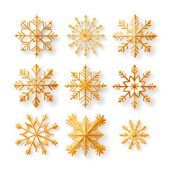 Nine different gold snowflakes with a white background 