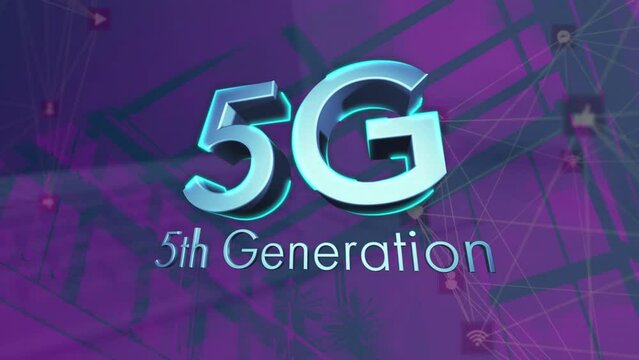 Animation of 5g 5th generation text and with networks of connections over office building