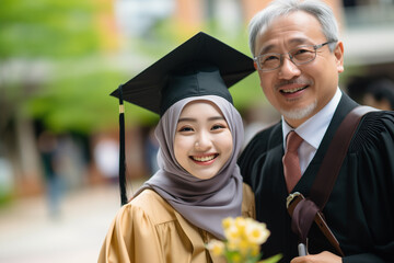 Happy muslim young woman with her father on graduation day