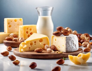 Different types of cheese on a wooden board,
next to glass jug with milk and nuts. White background