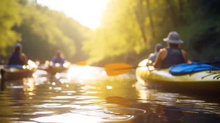Fotobehang  group of kayakers paddling down a tranquil river on a mild spring afternoon, with the focus on the kayaks and the blurred river scenery, portraying the serenity of kayaking in spring © Daunhijauxx