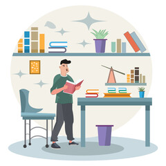 Vector student studying book and searching something in book. vector studying concept flat illustration. 