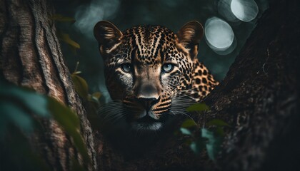 Leopardo posado en árbol de un bosque. Iluminado con luz natural. Tiene mirada penetrante - obrazy, fototapety, plakaty