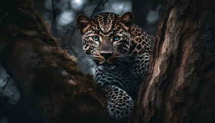 Leopardo posado en árbol de un bosque. Iluminado con luz natural. Tiene mirada penetrante