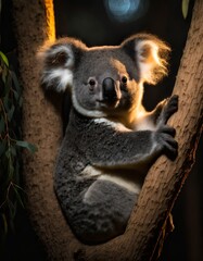Koala sentado en un tronco de árbol, en un bosque de Australia