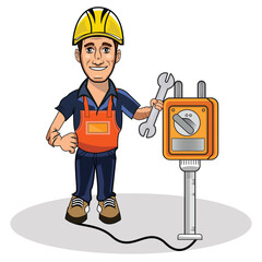 Mechanic or electrician holding wrench stock. Cartoon electrician illustration.