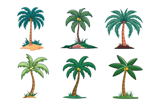 Coconut trees and palm trees. Collection of flat design vector illustrations on white background