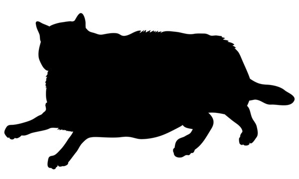 Black fat cat vector illustration - silhouettes of the fat cat isolated on white background- 横たわる太った黒猫のベクター素材	