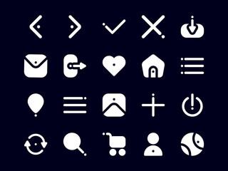 User Interface Icon Pack Filled Dark Mode. Material Icon Set, Perfect for Websites, Landing Pages, Mobile Apps, and Presentations. Suitable for UI UX.