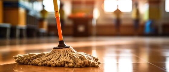 a mop cleaning a shiny floor, with the mop head and the clean floor in focus, symbolizing the freshness and cleanliness brought by spring cleaning