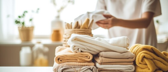 person happily rearranging freshly laundered and neatly folded linens and towels, with the focus on the organized linens and the blurred laundry room