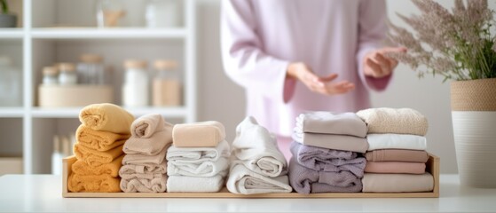 Fototapeta na wymiar Defocused photo of a person happily rearranging freshly laundered and neatly folded linens and towels, with the focus on the organized linens and the blurred laundry room