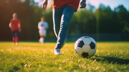 Fototapeta premium a soccer player dribbling the ball on a green spring field, with the focus on the player and the blurred field, conveying the excitement of outdoor soccer