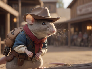 escena de pelicula de un Raton vestido de sheriff en el lejano oeste con gorro