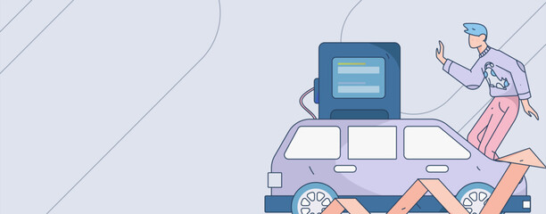 Vector internet operation hand-drawn illustration of people getting discounts for refueling the car
