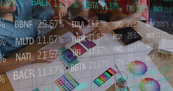Animation of stock market over diverse designers having meeting in office