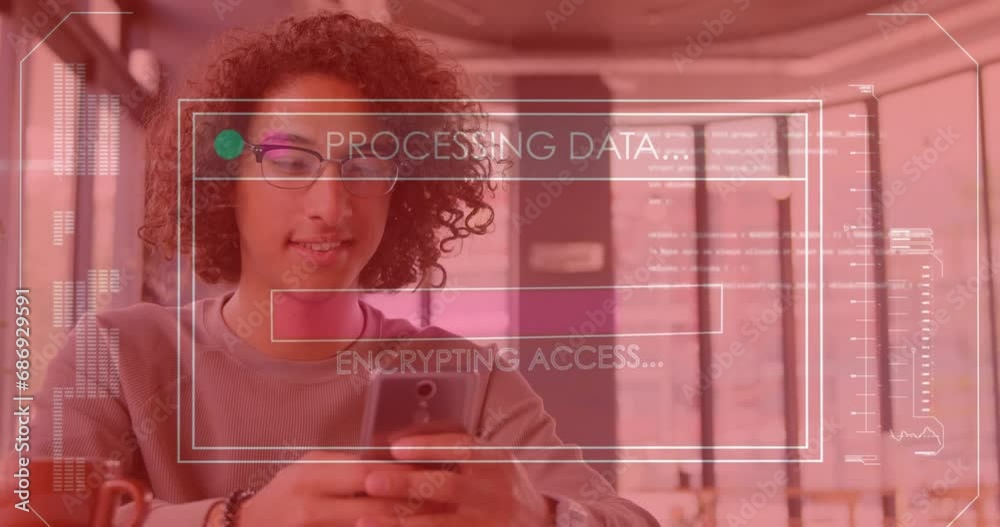 Poster animation of data processing over biracial man using smartphone