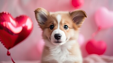 cute puppy holding a heart-shaped toy in its mouth, against a backdrop of pink balloons, conveying puppy love on Valentine's Day