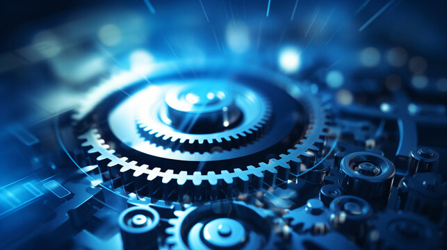 Gear wheel mechanism over blue background. Technology concept. 
Automation Software Technology Process System Business. 3D illustration.
