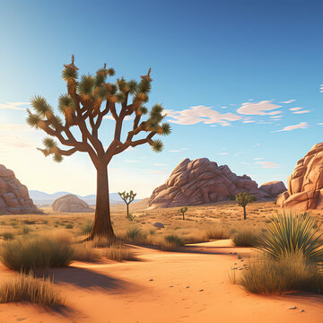 a tranquil desert landscape with a lone Joshua tree