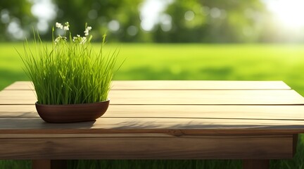 A wooden table product display with warm spring garden background of green grass and blurred foliage with strong sunlight.