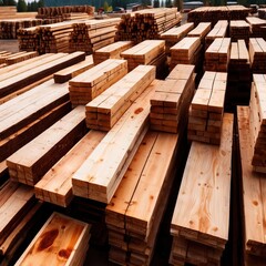 cut lumber and wood for building materials, stacked in lumberyard