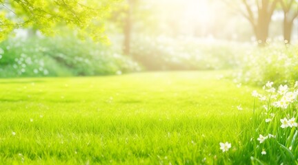 Fototapeta na wymiar A warm spring garden background of green grass and blurred foliage with strong sunlight.