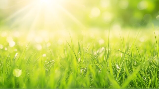 A warm spring garden background of green grass and blurred foliage with strong sunlight.