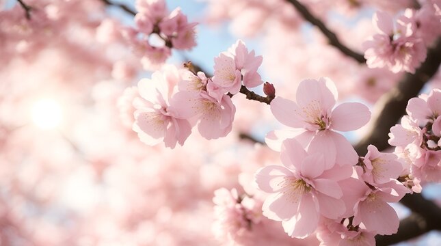 Beautiful pink cherry tree blossoms are in full bloom during the vibrant springtime.